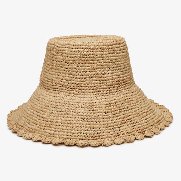 New Wyeth Lacey Raffia Crochet Scalloped Edge Natural Bucket Straw Hat NWT - Picture 1 of 16